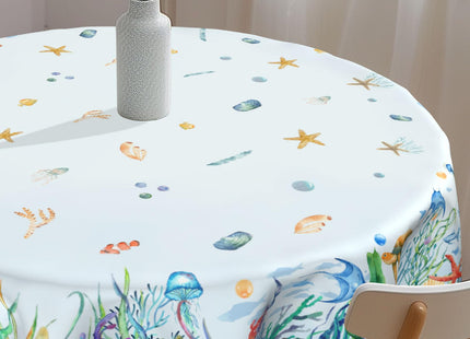 Imiss Nautical Round Table Cloth Coral Starfish Seashell Circle Tablecloth Wrinkle Resistant Washable Table Cover 60 Inch for Kitchen Dining Room Party Picnic
