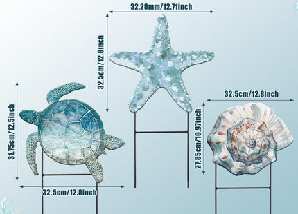 Moxweyeni 3 Pcs Summer Metal Sea Outdoor Decoration 25 Inch Ocean Beach Theme Yard Sign Coastal Turtle Starfish Conch Outdoor Stakes for Garden Pool Lawn Holiday Party Take Photos
