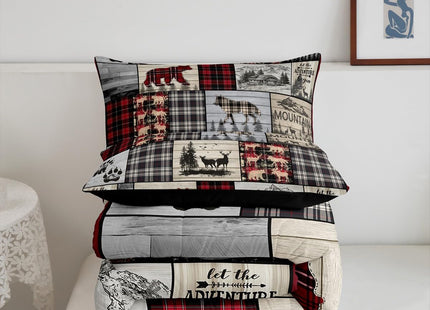 Rustic Cabin Comforter Set Queen Woodland Wolf Deer Bear Comforter For Kids Adults,Red Black Buffalo Plaid Bedding Set Wildlife Camping Lodge Mountain Quilt Bedding Southwestern Farmhouse Decor