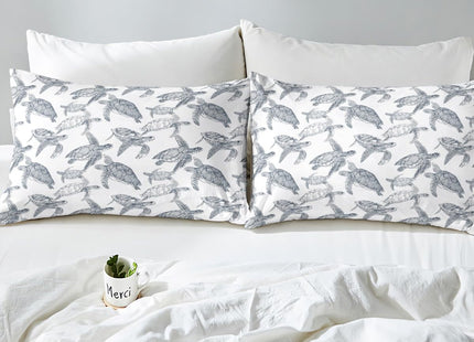 Erosebridal Tortoise Bed Sheets Twin, Sea Turtle Sheet Set 3 Pcs Boho Chic Reptile Flat/Top Sheets + Ocean Life Fitted Sheet Deep Pocket+ Coastal Nature Theme Decor 1 Pillow Sham, Gray White