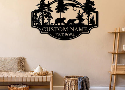 Personalized Black Bear Wall Art, Village Name Sign & Mount, Cabin Decor (Style-4)