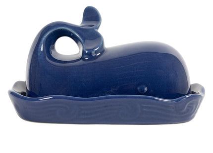 Creative Co-Op Stoneware Whale Butter Dish with Embossed Wave Detail, Navy Finish