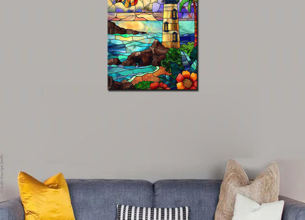 TUMOVO Lighthouse Diamond Painting DIY 5D, Numbering Kit,Seascape at Sunset Crystal Rhinestone Diamond Painting Tropical Coconut Trees Pictures/Artwork Home Decor Adults Nordics Gift(12''Wx 16''H)