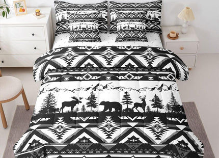 Feelyou Western Comforter Set Twin Size 7 Pieces Southwestern Aztec Bedding Set for Kids Boys Bear Bed in a Bag with Comforter, Sheets, Pillowcases, Cushion Covers Deer MooseWild Animals GreyQuilted