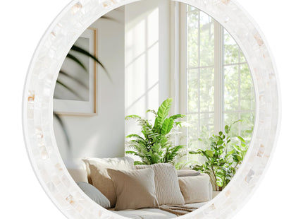 24 Inch Round Bathroom Mirror, Coastal Shell Framed Wall Decor