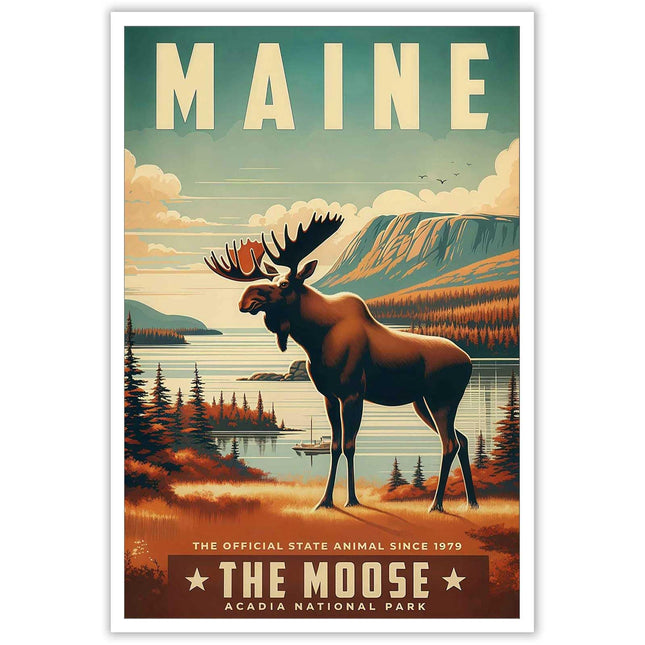 Vintage Maine State Poster National Park Canvas Wall Art Retro Abstract Animal Elk Painting For Home Bedroom Dorm Living Room Wall Decor 12x16in Unframed