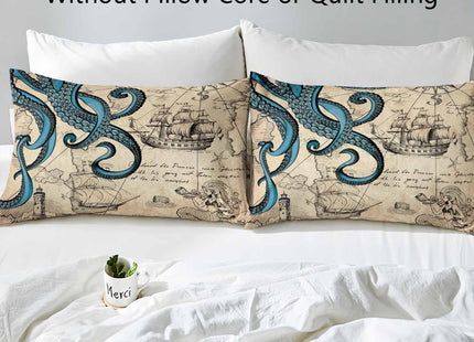 LUVIVIHOME 3PCS Ocean Octopus Duvet Cover Queen Bedding Sets, Nautical Coastal Sailboat Lighthouse Mermaid Teal Kraken Tentacles Marine Sea Animal Vintage Brown Comforter Quilt Cover, 2 Pillow Cases