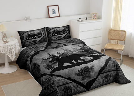Lodge Cabin Comforter Set,Black Bear Pine Trees Decor Bedding Set for Kids Teens Adults,Wild Animal Paw Print Retro Wooden Stripes Farmhouse Comforter Duvet Set with 1 Pillowcase Twin Size 2 Pcs