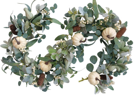 Egolot 70 Inch Fall White Pumpkin Green Leaves Garland for Front Door, Fall Green Leaves Garland with Berries Pinecone Pumpkin for Indoor Outdoor, Fall Home Decor