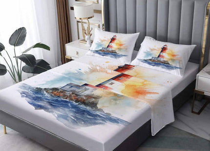 zcsm Lighthouse Sheets Twin Sheet Set - Nautical Bed Sheets, Soft Microfiber & Deep Pocket & Wrinkle Free Patterned Bedding Sheets & Pillowcases, 3 Piece (1 Fitted Sheet, 1 Flat Sheet, 1 Pillow Case)