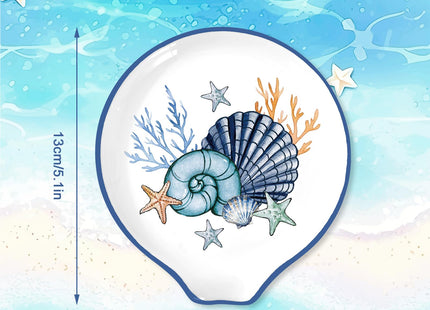 JarThenaAMCS 4.7inch Summer Spoon Rest Blue Seashell Coral Starfish Small Coffee Spoon Holder for Summer Ocean Beach Party Bar Coffee Station Accessories