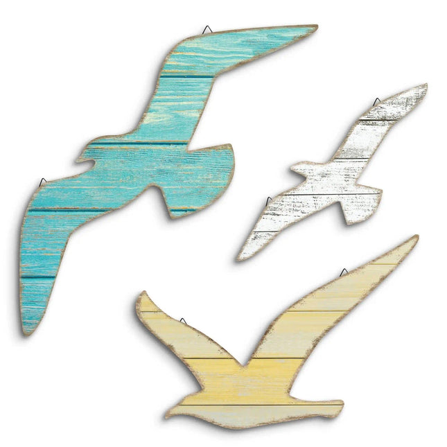 Putuo Decor 3pcs Seagull Wall Decor, Wooden Sea Bird Beach Wall Art, Ocean Home Decor Indoor Coastal Theme Wall Hanging for Bathroom Home Living Room Lake House