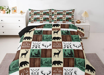 Hunting Bear Deer Comforter Set, Farmhouse Lodge Cabin Bedding Set Twin Size for Kids Boys Teens Bedroom Decor, Rustic Woodland Moose Duvet Insert Western Country Patchwork Quilt with 1 Pillow Case