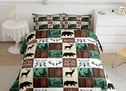 Hunting Bear Deer Comforter Set, Farmhouse Lodge Cabin Bedding Set Twin Size for Kids Boys Teens Bedroom Decor, Rustic Woodland Moose Duvet Insert Western Country Patchwork Quilt with 1 Pillow Case