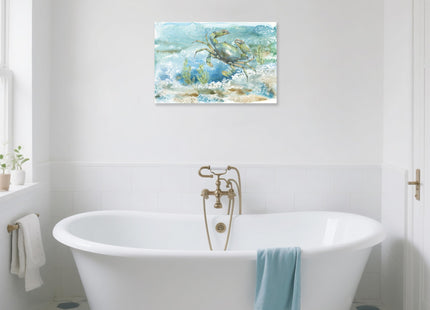Nautical Wall Decor Green Crab Canvas Painting Ocean Bathroom Decor Sea Grass Coastal Wall Art Beach Decorations for Bedroom Livingroom Home 24x16Inch