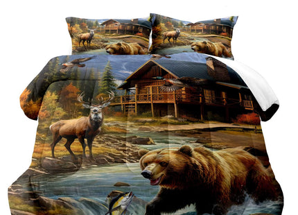 LUVIVIHOME 2PCS Deer Bear Comforter Set Twin Size, Rustic Cabin Bedding, Lake House Country Farmhouse Lodge Wildlife Forest Animal Fish Mallard Duck Hunting Bedroom Decor, Soft Quilt, 1 Pillow Sham