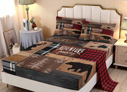 LUVIVIHOME 4PCS Black Bear Sheets Set, Twin Bed Sheets, Red Plaid Patchwork Deer Moose Woodland Animal Hunting Lodge Cabin Rustic Farmhouse Bedding Set, 1 Fitted Sheet & 1 Flat Sheet & 2 Pillowcases