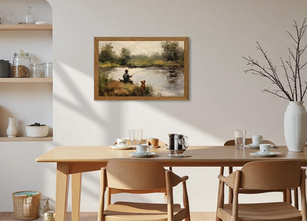 Wojuin Vintage Landscape Boy and Dog Fishing Canvas Wall Art 16x24 inch