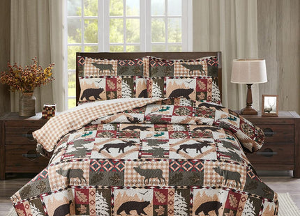Rustic Lodge Quilt Set King Size Country Cabin Bedspread Coverlet King Moose Bear Reversible Patchwork Quilts Bedding Soft Lightweight Coverlets Forest Bear Farmhouse Bed Cover Sets with 2 Pillow Sham