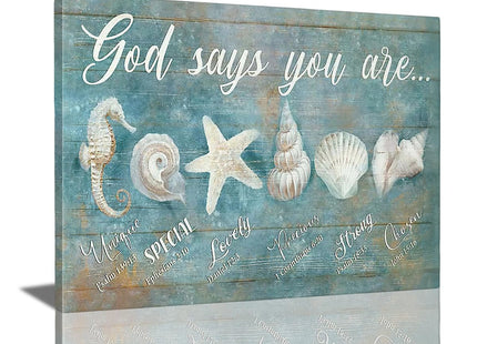 Ocean Beach Nautical Seashell Starfish Wall Art God Says You Are Wall Decor Rustic Shell Coastal Theme Pictures Canvas Prints Framed Modern Artwork for Home Living Room Bedroom Bathroom 16"x12"