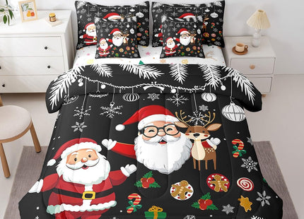 Erosebridal Black Christmas Twin 7 Piece Comforter Set Elk Santa Claus Bed in A Bag with Sheet Set Christmas Snowflake Pine Tree Leaves Bedding Set Winter Xmas Holiday Bed Set for Kids Boys Adults