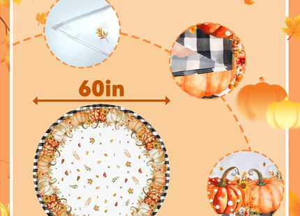 Fall Pumpkin Round Tablecloth 60 Inch Polyester Maple Leaf Kitchen Decor