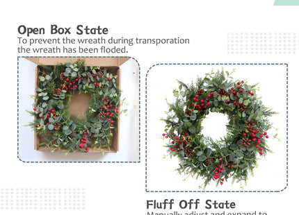 Egolot 24 Inch Christmas Eucalyptus Red Berries Wreath for Front Door, Winter Green Eucalyptus Leaves Wreath with Pine Cone for Indoor Outdoor, Xmas Wreaths Home Decor