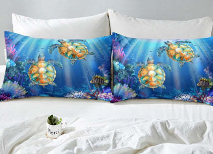 Sea Turtle Bed Sheet Set Twin Size,Swimming Fish Marine Life Fancy Blue Undersea World,Bedding Decor Set with 1 Flat & 1 Fitted Sheet with 1 Pillow Sham