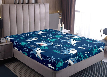Cartoon Shark Fitted Sheet Twin for Kids Boys Girls, Ocean Blue Nautical Sea Animals Bed Set