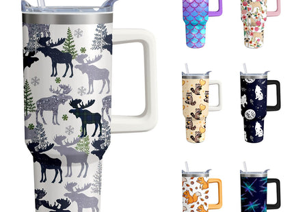 40oz Moose Stainless Steel Tumbler with Handle and Straw, Insulated Cup Travel Coffee Mug Water Bottle with Lid and Straw, Animal Lovers Women Gifts