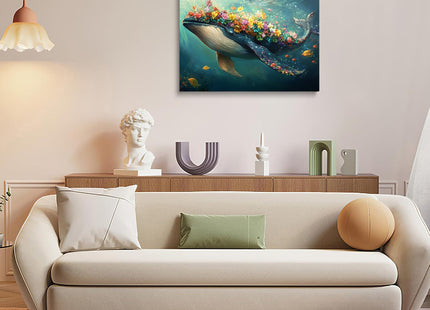 Floral Whale Canvas Wall Art Framed Bright Ocean Fantasy Decor 12x16 Inch
