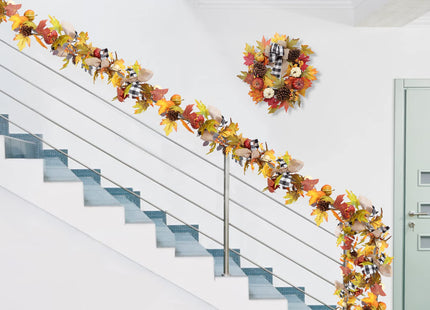 Adeeing 6 Ft Thanksgiving Fall Garland Decor, Artificial Autumn Garlands with Pumpkins, Maple Leaves, Ribbon and Pine Cone for Indoor Outdoor Fireplace Window Home Decoration