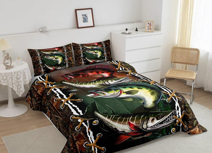 Erosebridal Big Pike Fish Comforter Set Twin Size Hunting and Fishing Themed Bedding Boys Girls Bass Big Fish Bedding Comforter Sets Rustic Farmstyle Duvet Insert Bass Fish Quilt Gifts Adult