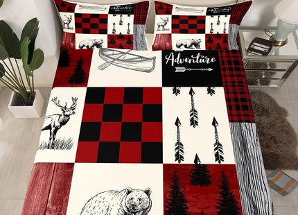 Rustic Lodge Bear Moose Deer Sheet Set Full,Patchwork Red Black Buffalo Check Plaid Bed Sheets Set Farmhouse Hunting Woodland Animal Bedding,Camping Cabin Fitted Sheet + Flat Sheet + 2 Pillow Cases