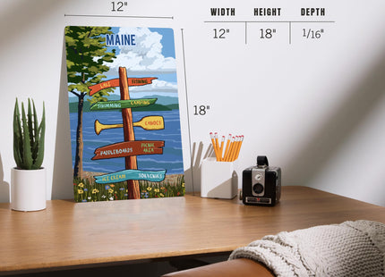Lantern Press Maine, Signpost, Lake and Flowers, 12x18 Inch Aluminum Sign, Indoor or Outdoor Use