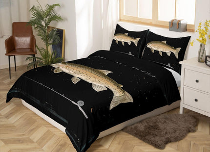 Fishing Duvet Cover Set Twin Size,Bass Fish Printed Bedding Set 2Pcs,Fishing Lover Hunting Fish Comforter Cover for Teens Men Adult Kids Room Decor,Black Lake House Life Quilt Cover,1 Pillowcase