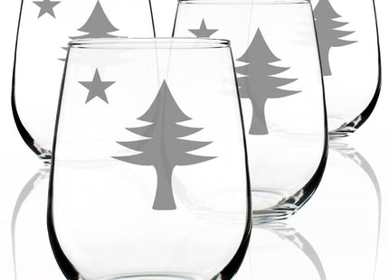 Bevvee Old Maine Flag Stemless Wine Glass for Mainers - 17 oz - Set of 4