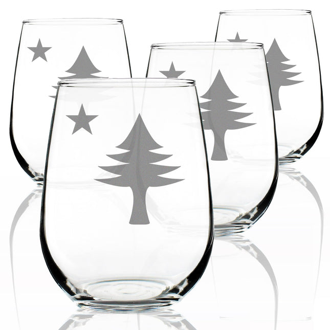 Bevvee Old Maine Flag Stemless Wine Glass for Mainers - 17 oz - Set of 4
