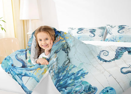 Manfei Hippocampus Comforter Set Twin Size, Sea Turtle Seahorse Octopus Quilt Set with 1 Pillowcase, Nautical Anchor Compass Bedding Set 2pcs for Kids Boy Girls Marine Life Duvet Insert