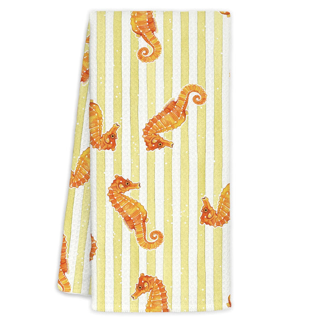 KRHFG Coastal Ocean Seahorse Hand Towels for Bathroom, Kids Bathroom Decor, Coastal Beach Kitchen Towels, Yellow Striped Nautical Seahorse Dish Towel Drying Cloth for Kitchen, 16x24 Inch