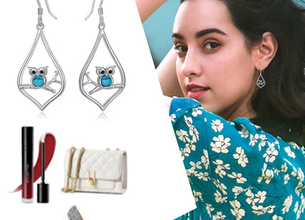 Owl Earrings Sterling Silver Cute Animal Turquoise Dangle Drop Earrings Owl Jewelry Gifts for Women Birthday