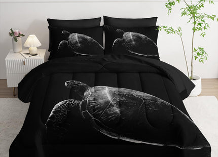 Nttopship Black Sea Turtle Comforter Set,Sea Turtle Bedding Set 7 Piece in A Bag,Beach Themed Bedroom Comforter Set Twin Size for Kids Teen Girls Boys Room Decor Microfiber Lightweight All Season