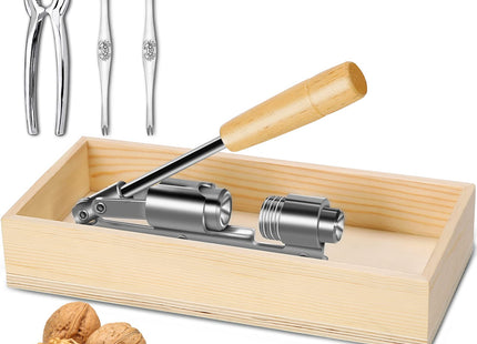 Artcome Heavy Duty Pecan Nut Cracker Tool with 1 Crab Cracker, 2 Wide Crab Forks, Wood Handle Base with Rectangular Wooden Box Base for Walnuts, Chestnuts, Almonds, Pecans, Hazelnuts, etc