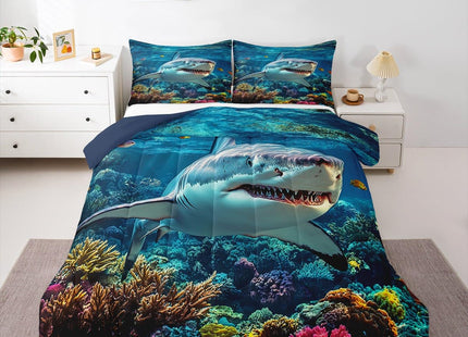 jejeloiu Ocean Sea Animal Duvet Quilt Queen Size Shark Comforter for Kids Boys Girls Decor Marine Theme Bedding Set Breathable Soft Lightweight Microfiber Bedroom Decor Quilt Set