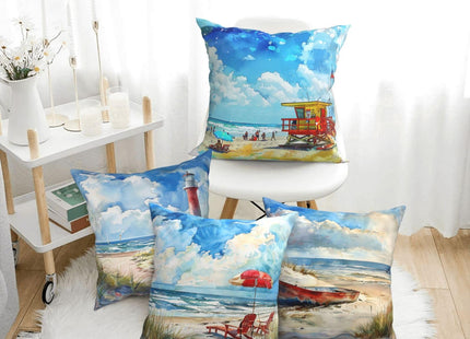 Coastal Beach Ocean Pillows Cover Set of 4 Lighthouse Boat Chair Decor Throw Pillow Covers Summer Pillowcase Cushion Case Nautical Pillow Decorative for Couch Sofa Home Office Outdoors 16x16 Inch