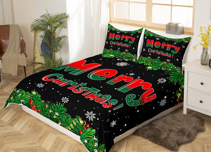 Homewish Merry Christmas Duvet Cover Set Queen Size Xmas Pine Tree Bedding Set 3Pcs Winter Snowflake Comforter Cover for Kids Boys Girls Adult Room Decor,Green Red Black Quilt Cover,2 Pillowcases