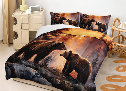 Rustic Brown Bear Comforter 3Pcs Twin Wild Hunting Animal Bear Bedding Set
