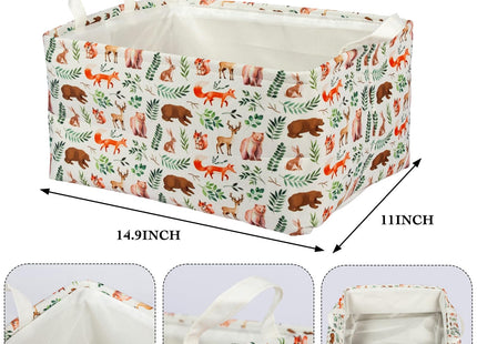 3 Pack Woodland Rectangle Storage Basket Green Forest Animals Shefl Basket Collapsible Bin for Nursery Closet Shelves Bedroom (Woodland)