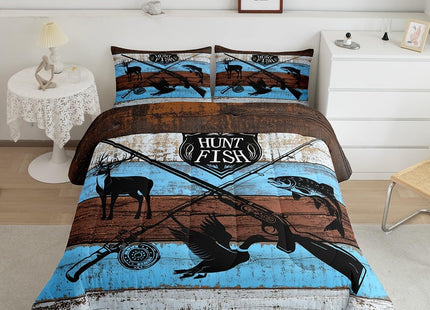 Castle Fairy Animal Hunting Comforter Set Full Size,Wild Deer Mallard Fish Print Bedding Comforters Lodge Decor,Rustic Farmhouse Blue Wooden Barn Quilt Set with 2 Pillowcases,Xmas Present