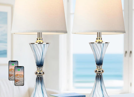 Hamucd 3-Way Dimmable Touch Glass Table Lamps for Bedrooms with 2 USB Ports Set of 2 Coastal Beach Bedside Lamps for Contemporary Modern Night Stand Lamps with 2 LED Bulbs for Lighting Decor